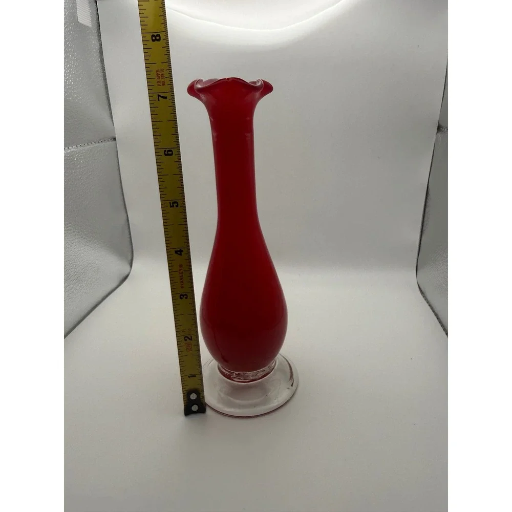 Vintage Red Cased Glass Bud Vase Ruffled Rim Clear Base Mid Century Decor 7.5